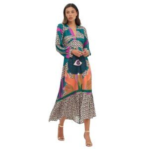 NWT Oliphant Tarot Evil Eye Tie Back Maxi Dress Womens Small Teal Black V-Neck